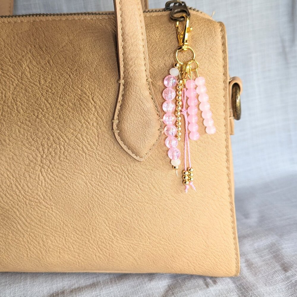 PINK & GOLD BEADED CHARM FOR HANDBAG, PURSE, TOTE, BACKPACK OR SHOULDER BAG